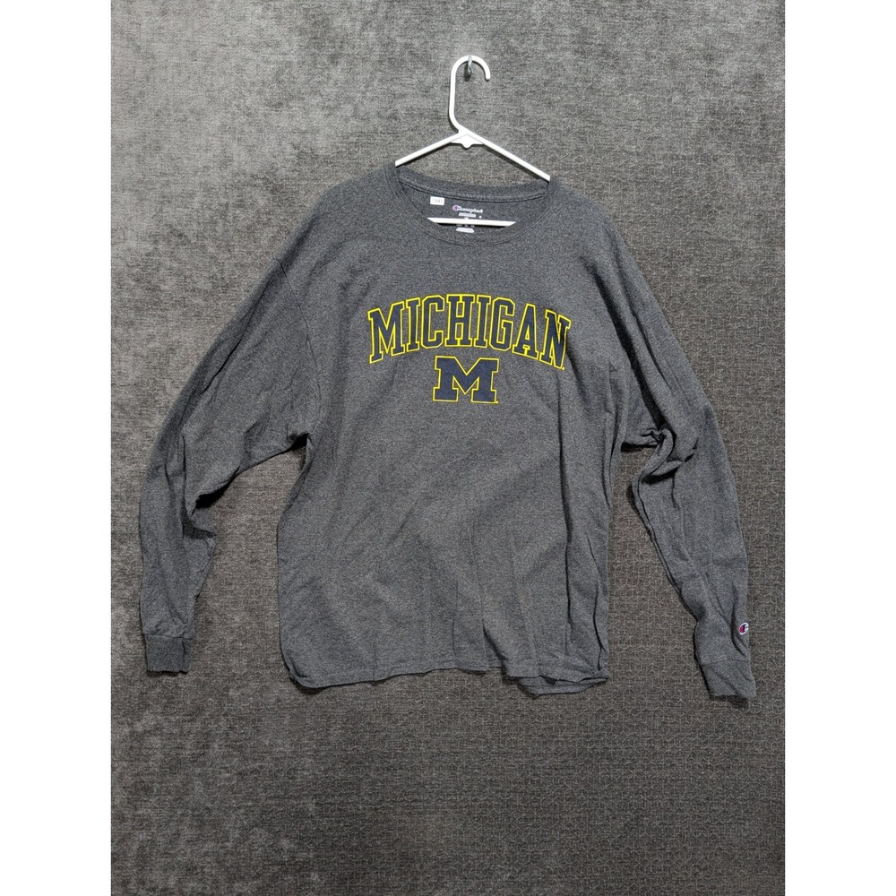 Champion Michigan Wolverines Long Sleeve T-Shirt Gray Mens XL Block M Logo